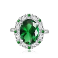 Elegant silver ring with a large oval emerald green stone and white zircon halo - Adjustable Open / Green Zirconia