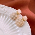 Detail shot of vintage style earrings with square resin top and small pearls on a white plate - 15# Silver Earring Post-Gold (Beige Square Pearl)