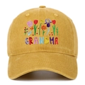 Yellow washed cotton baseball cap with colorful GRANDMA embroidery and floral details - Adjustable / Yellow