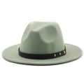 Mint green wool fedora hat with black rivet leather belt band on white background - M (56-58cm) / Creamy White