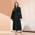 Dark green plus size long flannel bathrobe with white piping and waist tie for women - M / Forest Green - Women