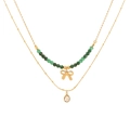 Double-layer gold necklace with green beads, bow charm and clear water drop pendant - Bowknot
