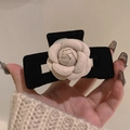 French vintage black velvet shark clip featuring a beige fabric camellia flower - Camellia Black Rectangular Style