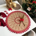 Round jute Christmas placemat with red candy cane prints and pom-pom edge decoration - Style 4 Red (Pom-poms)