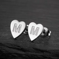 Polished heart shaped stainless steel stud earring featuring letter M on rock base - Letter M / Steel