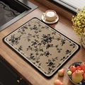 French kitchen sink drying mat with vintage khaki floral print on a wooden countertop - French Medieval Style - Model N (Rounded Square)