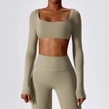 Conjunto de yoga deportivo con top corto de manga larga verde oliva y mallas de cintura alta - S / Castaño Camel