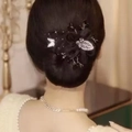 Elegant black fabric flower hair bun maker with silver leaf embroidery and bead details - Starry Sea Black
