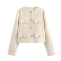 Detail of ivory tweed jacket with gold buttons and four flap pockets on white background - XS / White