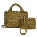 Olive green woven bucket bag and wristlet set with metal chain strap and top handle - Olive Green