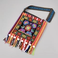 Bohemian embroidery crossbody bag with colorful tassels and geometric strap on grey base - Red Small