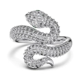 Silver S925 snake ring with pavé clear stones and green gemstone eyes in coiled design - Platinum Green-Eye Snake Pave
