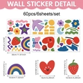 Lot de 60 stickers muraux arc-en-ciel et fruits pour chambre d'enfant avec dimensions - Ensemble de Motifs de Dessin Animé Arc-en-ciel (CT24Y12146T_T) / 60 Pièces/6 Feuilles