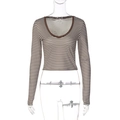 Braun-weiß gestreiftes langärmliges Slim-Fit Crop-Top mit V-Ausschnitt - S / Kaffeebraun