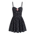 Französisches Vintage-Minikleid in Schwarz mit Blumenmuster und 3D-Rosa-Rose - S / Schwarz Blumig