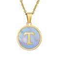 18K gold plated necklace with a round iridescent shell pendant featuring a golden letter T - Gold Letter T (With Chain)