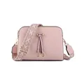 Pink crossbody bag in lychee texture faux leather with jacquard webbing strap - Pink