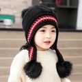 Winter knit child hat with ear flaps and black pom-poms in black and red pattern - Black