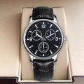 Men's silver steel watch with black leather strap and chronographic dial - Clearance Leather Strap No Date