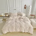 Pinch pleat bedding set in creamy pink featuring 3D floral texture duvet cover and shams - US-Twin: 168*229cm / Creamy Pink