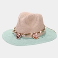 Detail of mint green straw hat brim with seashell decorations and woven texture - One Size / Pink and Light Green Brim