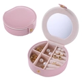 Boîte à bijoux ronde rose en cuir PU avec miroir et bouton de fermeture pour bagues - Rose