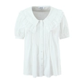 Women's white short sleeve blouse with elegant lace collar and pleated details - S / White
