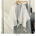 Boho white lace crochet shawl wrap with delicate floral patterns and tassel trim details - White Hollow Out
