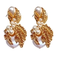Baroque golden leaf drop earrings featuring white pearls and shimmering rhinestones - Vintage Gold with White Pearl