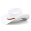 Detail view of white wool felt cowboy hat with a brown leather decorative band - White