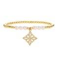 Bracelet élégant en perles dorées et perles blanches avec pendentif floral serti de zircons - Style Floral en Croix (CN001827YH)