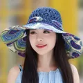 Women's UV protection sun hat with wide tropical print brim in navy blue summer style - Sunflower Navy