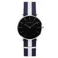 Hannah Martin minimalist quartz watch with black dial and blue white NATO nylon strap - Silver Case Blue White NATO Strap