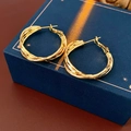 Close-up of golden irregular round hoop earrings on a blue star pattern box - Silver Earring Post - Gold (Real Gold Plated)