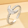 Minimalist silver moon adjustable open ring with polished beaded stainless steel band - Silver