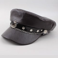 Retro dark brown leather flat top captain hat with silver metal chain and anchor badge - One Size 57-58cm / Anchor Decor Flat Top (船瞄平顶褐色) / Brown