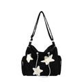 Y2K style black corduroy crossbody bag with white star patches and side zippers - Black