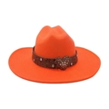 Orange wide brim felt fedora hat featuring a brown leather band with heart rhinestone buckle - Orange