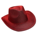 Detailed view of red glitter cowboy hat with pinched crown and sparkling textured finish - Red
