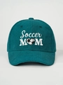 Detail of teal corduroy baseball cap featuring white Soccer MOM heart embroidery - Dark Green
