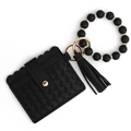 Detail of black woven wallet with silicone bead bracelet and tassel keychain set - Black