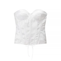 Detail of white satin corset top showing vertical boning structure and lace-up hem design - S / White