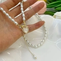 Süßwasserperlenkette mit goldenem Herzanhänger und weißer Muscheleinlage - Stil A-Glasmuschelperle-OT Schnalle Halskette