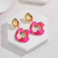 Colorful geometric enamel hollow earrings in gold finish with vibrant pink and red details - Pink & Red (E853-mh)