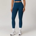 High-waist seamless compression yoga leggings in deep teal blue with ribbed waistband - Blue