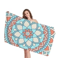 Blue and orange Mandala pattern beach towel held by a woman on white background - Style 11