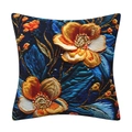 Square dark blue pillow cover with 3D orange and gold floral embroidery pattern - 18x18 Inch