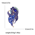 Peacock crystal brooch in gold with blue and rainbow rhinestones and size measurements - Blue
