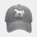 Close-up of a grey washed cotton baseball cap with white horse embroidery detail - Adjustable / Gray