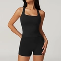 Black 2-piece yoga set with square neck tank top and high waist compression shorts - S / Top And Bottom / Vest + Shorts (8519) / Premium Black